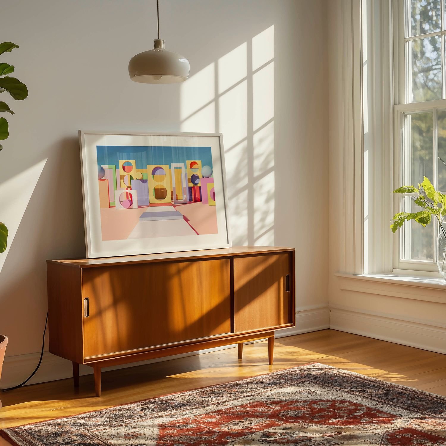 Slaapkamer met houten kunstlijst op de muur met een blauw modern schilderij in, een persoon aan de linkerkant kijkt ernaar